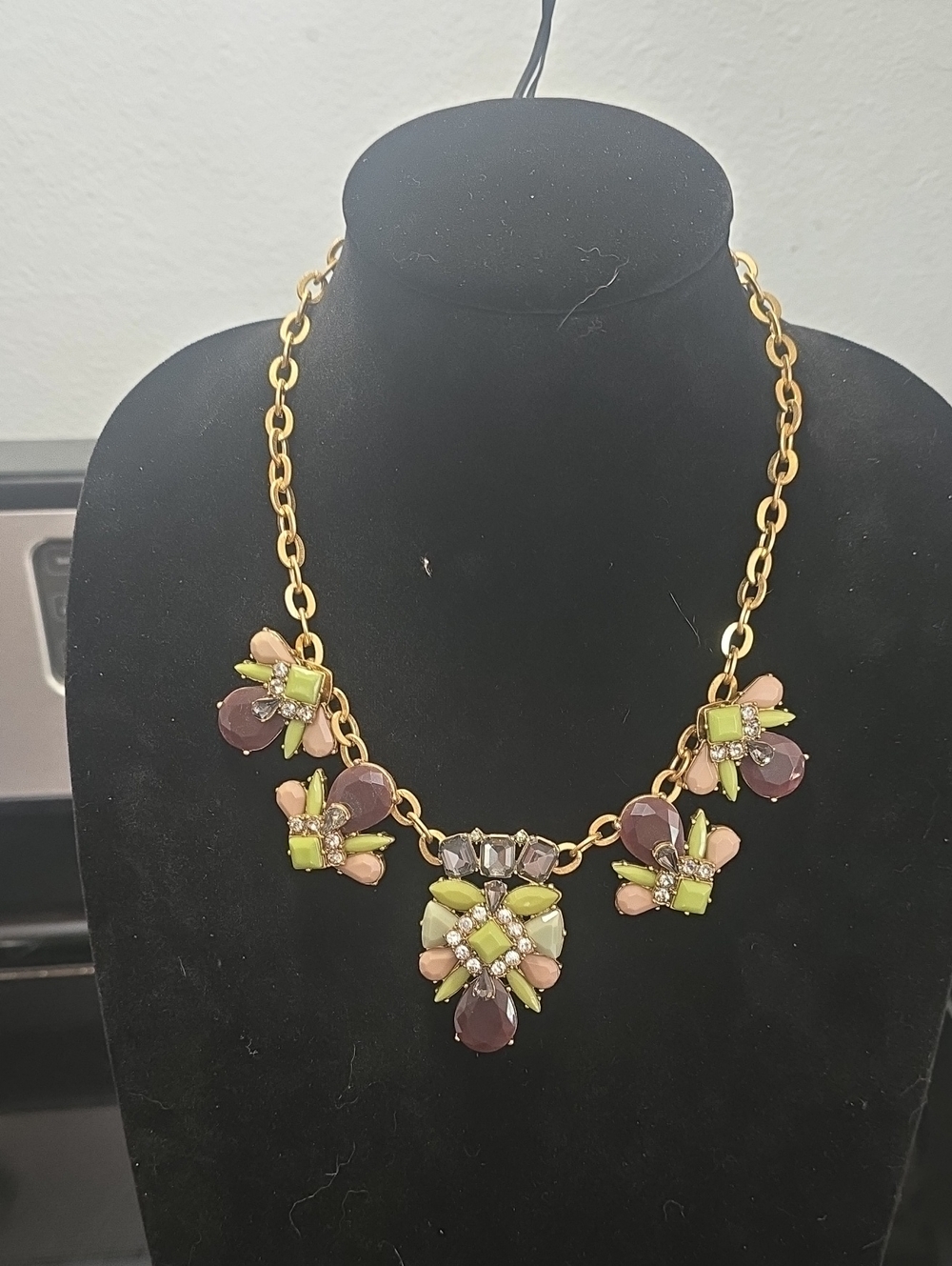 Gold Chain Statement Necklace with Green, Pink and Purple Gem Accents